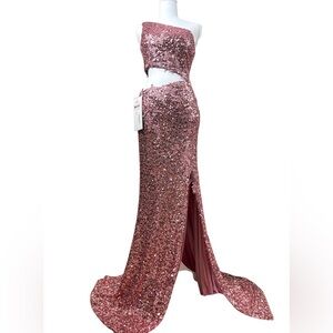NWT Terani Couture One Shoulder Pink‎ Sequin Cut Out Formal Maxi Gown Glamour